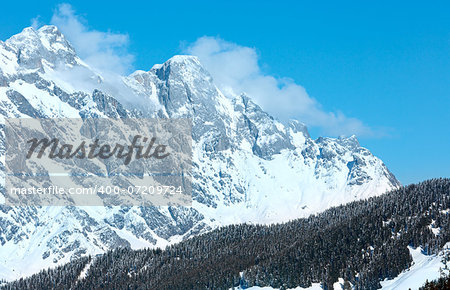 Winter mountain landscape with snowy spruce trees on slope(Hochkoenig region, Austria)