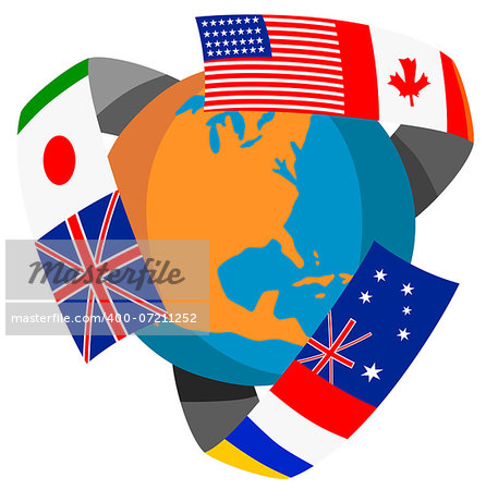 Illustration of a globe with world flags surrounding it isolated on white background done in retro style.