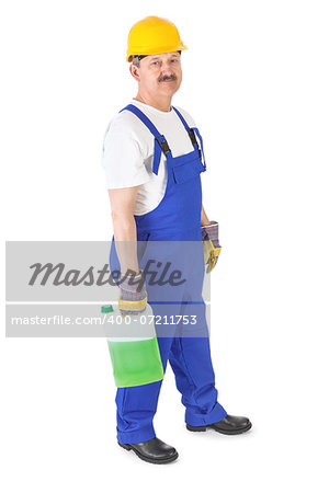 manual worker with washer fluid over white background