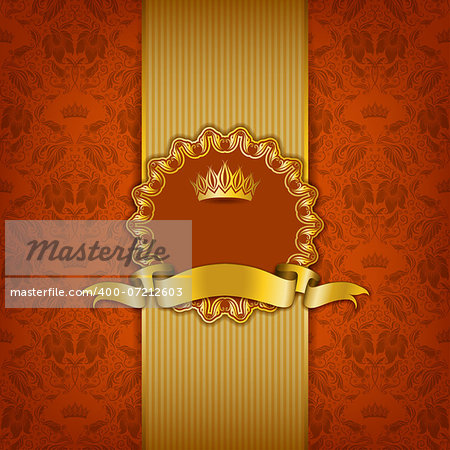 Luxury background with ornament, frame, crown, ribbon and place for text. Floral elements, ornate background. Vector illustration EPS10.