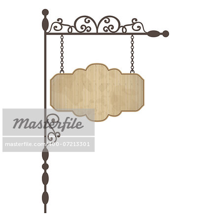 Illustration wooden noticeboard with floral forged elements - vector