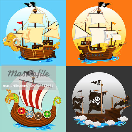 An Illustration Of Various Pirate Ship , such as Viking Ship