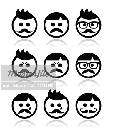 Collection of man, boy faces with mustache - happy, sad, angry