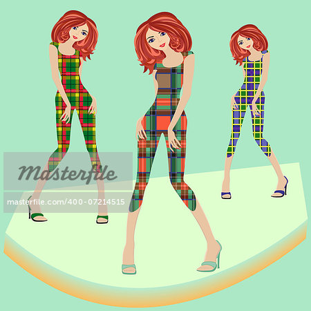 Fashion models posing on podium in various checkered dresses, hand drawing vector illustration