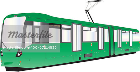 A Modern Green Tram or Trolley Car isolated on white