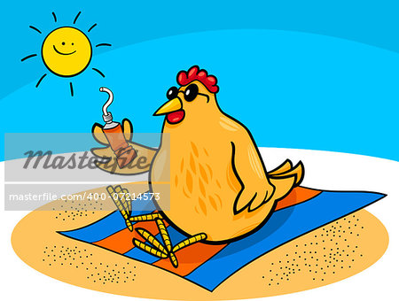 Cartoon Illustration of Chicken or Hen on the Beach with Suntan Cream