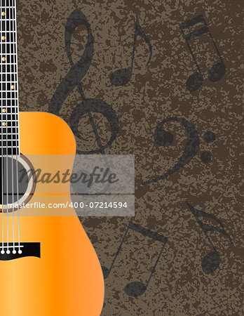 Acoustic Guitar with Musical Notes Textured Background Illustration