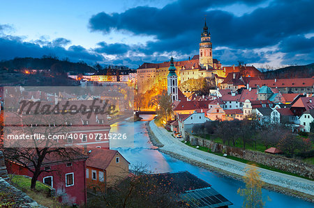 Image of Cesky Krumlov, located in southern Czech Republic at twilight.