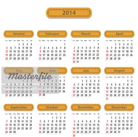 Calendar for 2014 year in English with leather stickers. Vector illustration