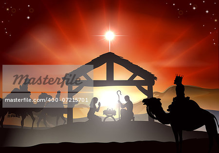 Nativity Christmas scene with baby Jesus in the manger in silhouette, three wise men or kings and star of Bethlehem