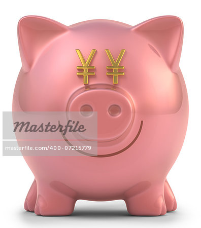 Piggy bank with eyes yen sign. Clipping path included.