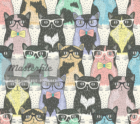 Seamless pattern with hipster cute cats for children