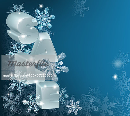 A Christmas or New Year Sale Background with the word sale on hanging ornaments with snowflakes and framed copy-space