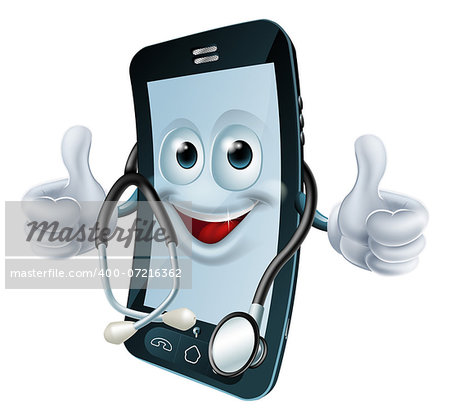 Cell phone man with a stethoscope round his neck giving a thumbs up. Health app concept