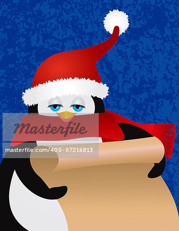 Penguin with Christmas Santa Claus Red Hat Holding Scroll List on Blue Textured Background Illustration
