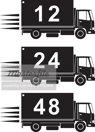 illustration of a delivery truck lorry with numbers 12 24 48 hours done in retro style on isolated background