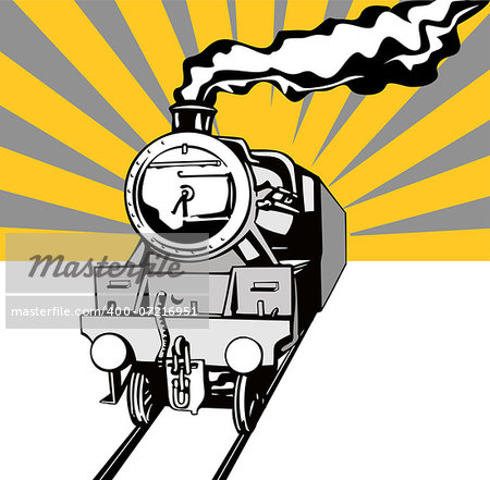 Illustration of a vintage train front view on isolated background done in retro style.