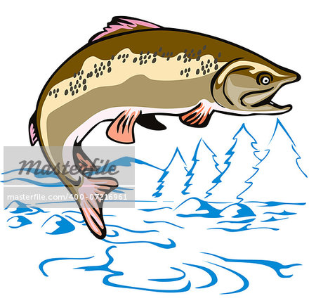 Illustration of a trout fish jumping viewed from the side done in retro style.