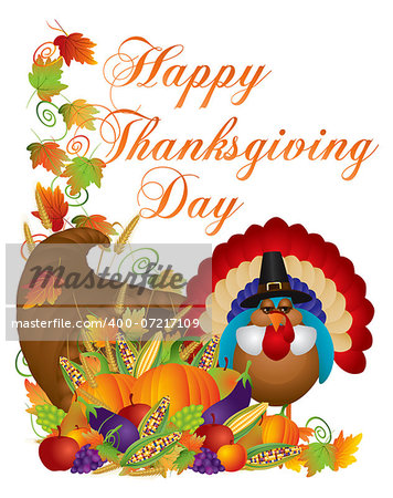 Happy Thanksgiving Day Fall Harvest Cornucopia and Pilgrim Turkey with Pumpkin Eggplant Grapes Corns Apples Leaves and Twine Illustration