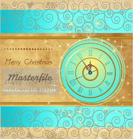 Happy New Year and Merry Christmas vintage background with clock