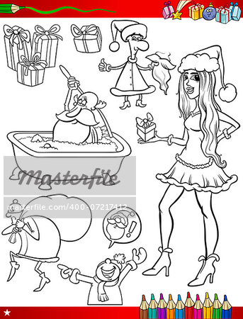 Coloring Book Cartoon Illustration of Black and White Christmas Themes Set with Santa Claus and Pretty Girl