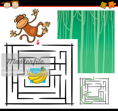 Cartoon Illustration of Education Maze or Labyrinth Game for Preschool Children with Funny Monkey Wild Animal