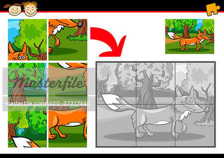 Cartoon Illustration of Education Jigsaw Puzzle Game for Preschool Children with Funny Fox Wild Animal
