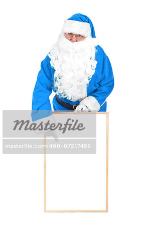 Frozen blue santa and empty white board on white background