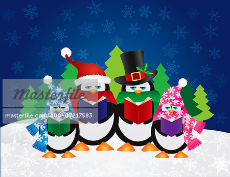 Penguins Christmas Carolers with Hats and Scarfs with Night Winter Snow Scene and Random Music Notes Background Illustration