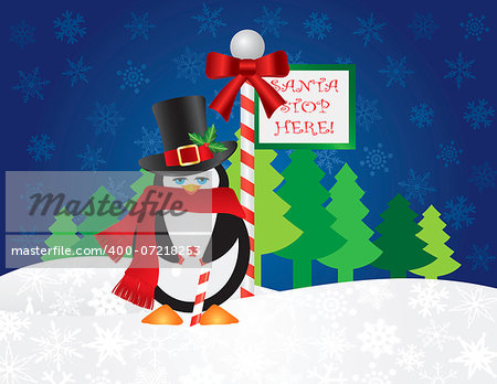 Christmas Penguin with Top Hat and Scarf Candy Cane Standing by Santa Stop Here Sign Post with Night Winter Snow Scene Background Illustration