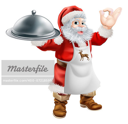 Cartoon Santa Claus cooking Christmas dinner food, with Santa in an apron holding a silver platter and doing a perfect gesture