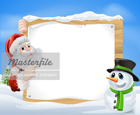 Santa and cartoon Snowman Snow Scene with Santa and a cartoon snowman in a winter scene framing a wooden sign