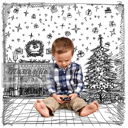 Cute baby with cell looking for something in Christmas