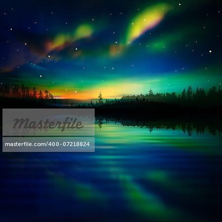 abstract night nature background with forest and aurora borealis