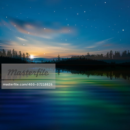 abstract night nature background with lake forest and clouds