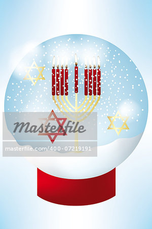 Nine burning candles in golden jewish hanukkah candle holder and stars of David inside a snow globe - eps 10 vectors