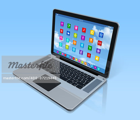 3D Laptop Computer - apps icons interface - isolated with clipping path