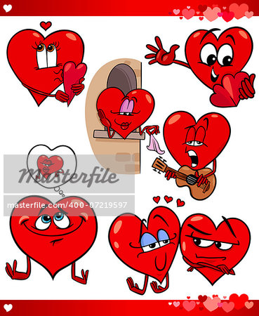 Cartoon Illustration of Cute Valentines Day and Love Themes Collection Set with Funny Hearts