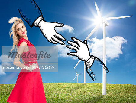 Composite image of happy blonde posing in red dress