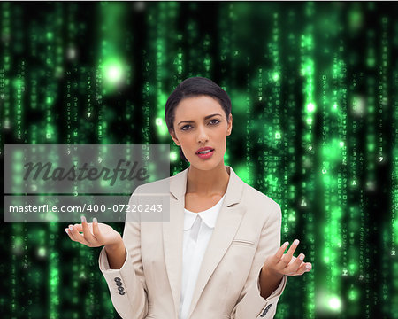 Composite image of confused businesswoman standing over white background