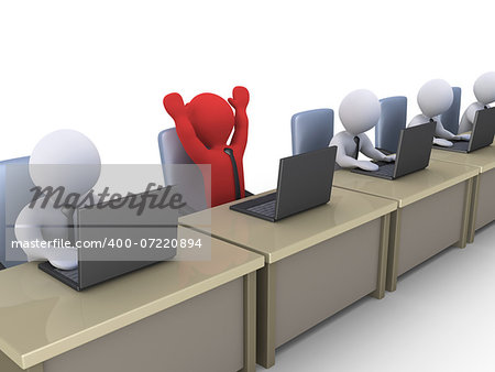 3d businessmen in office with laptops and one is very happy