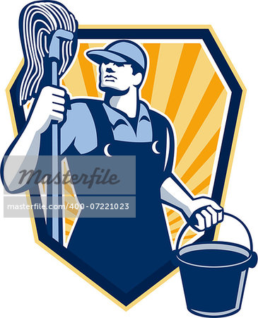 Illustration of a janitor cleaner worker holding mop and water bucket pail viewed from low angle done in retro style set inside shield crest.