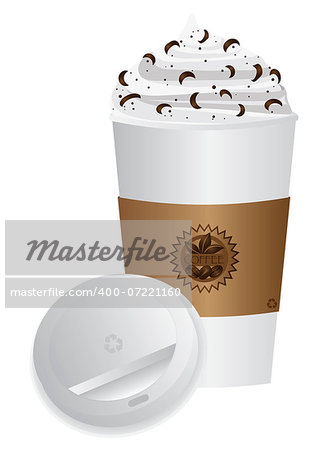 Espresso Coffee Drink with Whipped Cream and Chocolate Sprinkles in To Go Cup with Open Lid and Sleeve Illustration Isolated on White Background