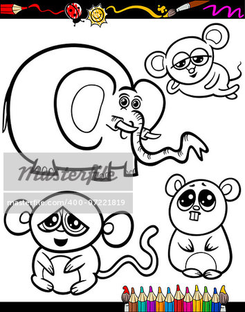 Coloring Book or Page Cartoon Illustration Set of Black and White Animals Mascot Characters for Children
