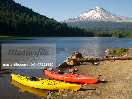 A Beautiful Recreation Area with a Couple Colorful Kayaks on Shore Trillium Lake Mount Hood Oregon