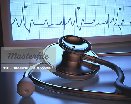 Stethoscope in front of the heartbeat monitor. Clipping path included.