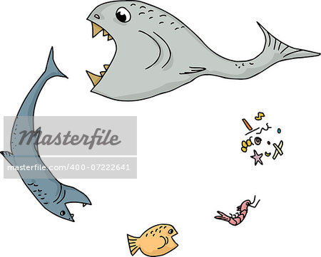 Cartoon of ocean food chain over white background