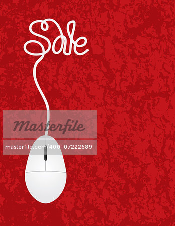 Computer Mouse with Cord Forming Sale Word For Online Promotion on Red Texture Background