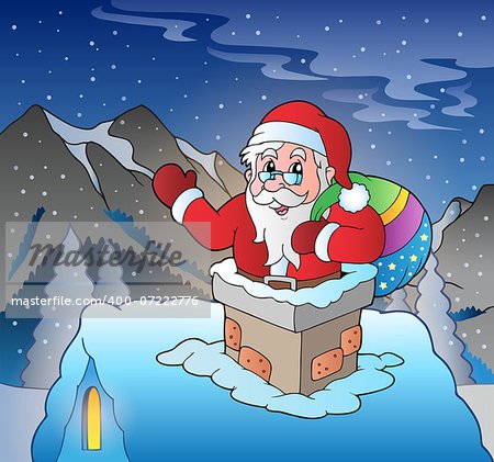 Santa Claus on roof in mountain - eps10 vector illustration.
