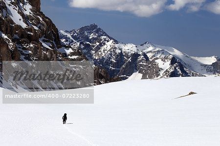 Hiker in snowy mountains. Turkey, Central Taurus Mountains, Aladaglar (Anti Taurus).